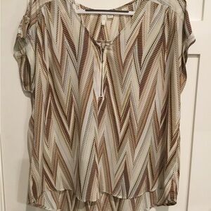 Cato Brown and Cream Short Sleeve Relaxed Blouse with Tie Front